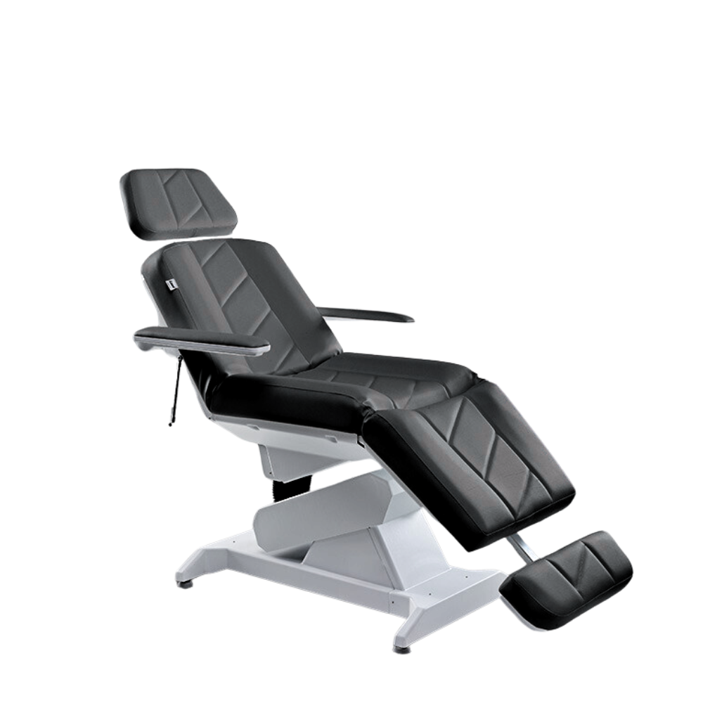 Side profile of the Lemi 4 electric procedure table with integrated arm rests, adjustable backrest, leg rest, and height