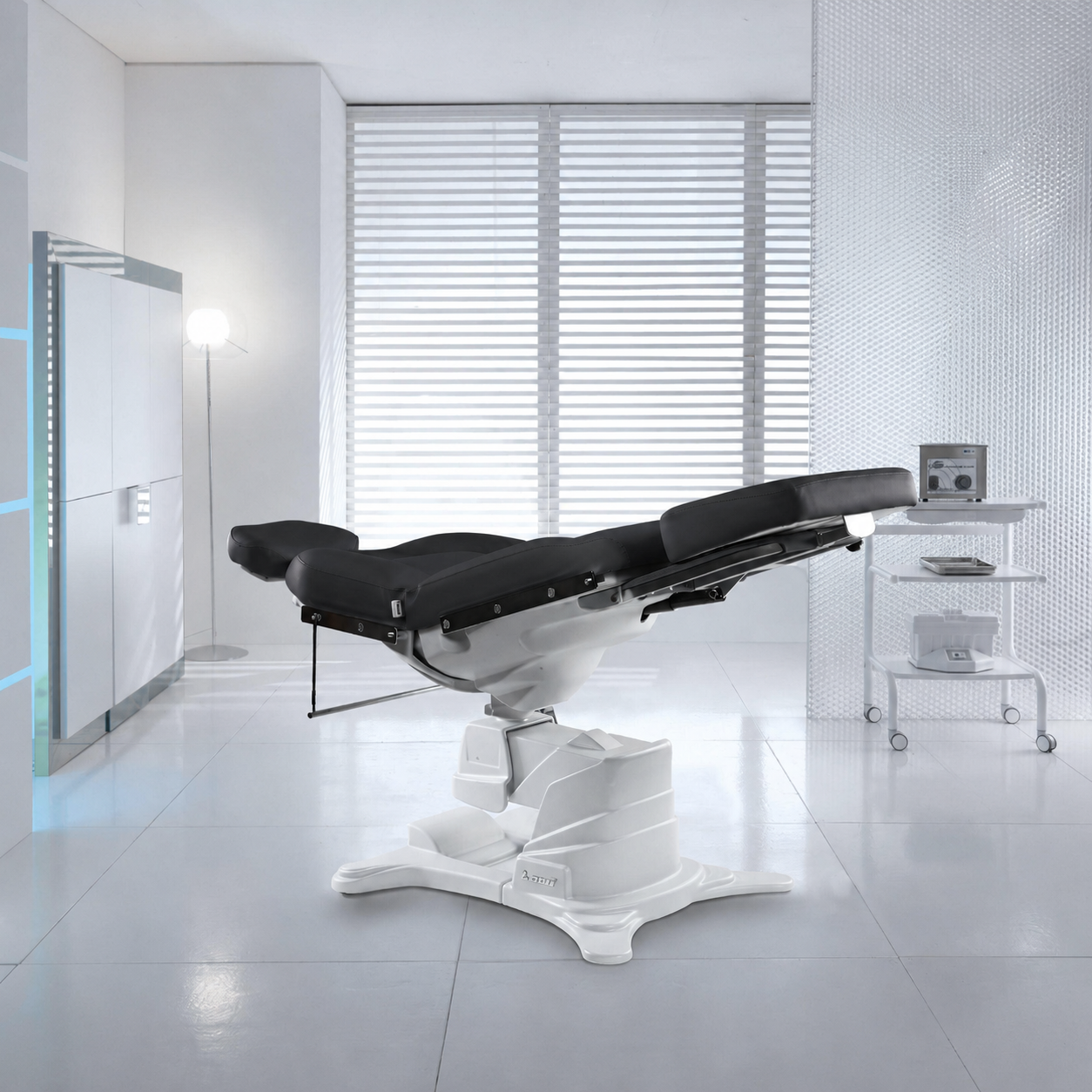 Lemi Monza Stationary Power Procedure Chair with Black medical-grade upholstery and three electric adjustments.