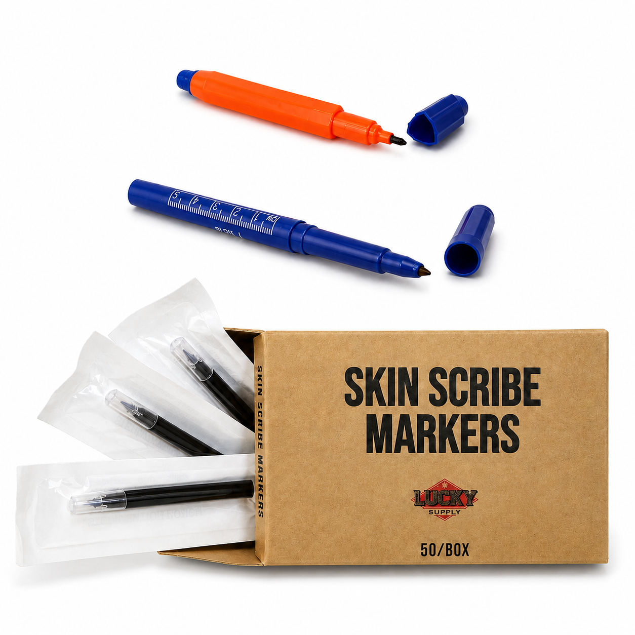 Lucky Supply sterile purple skin scribe markers with individual packaging and 50-count box