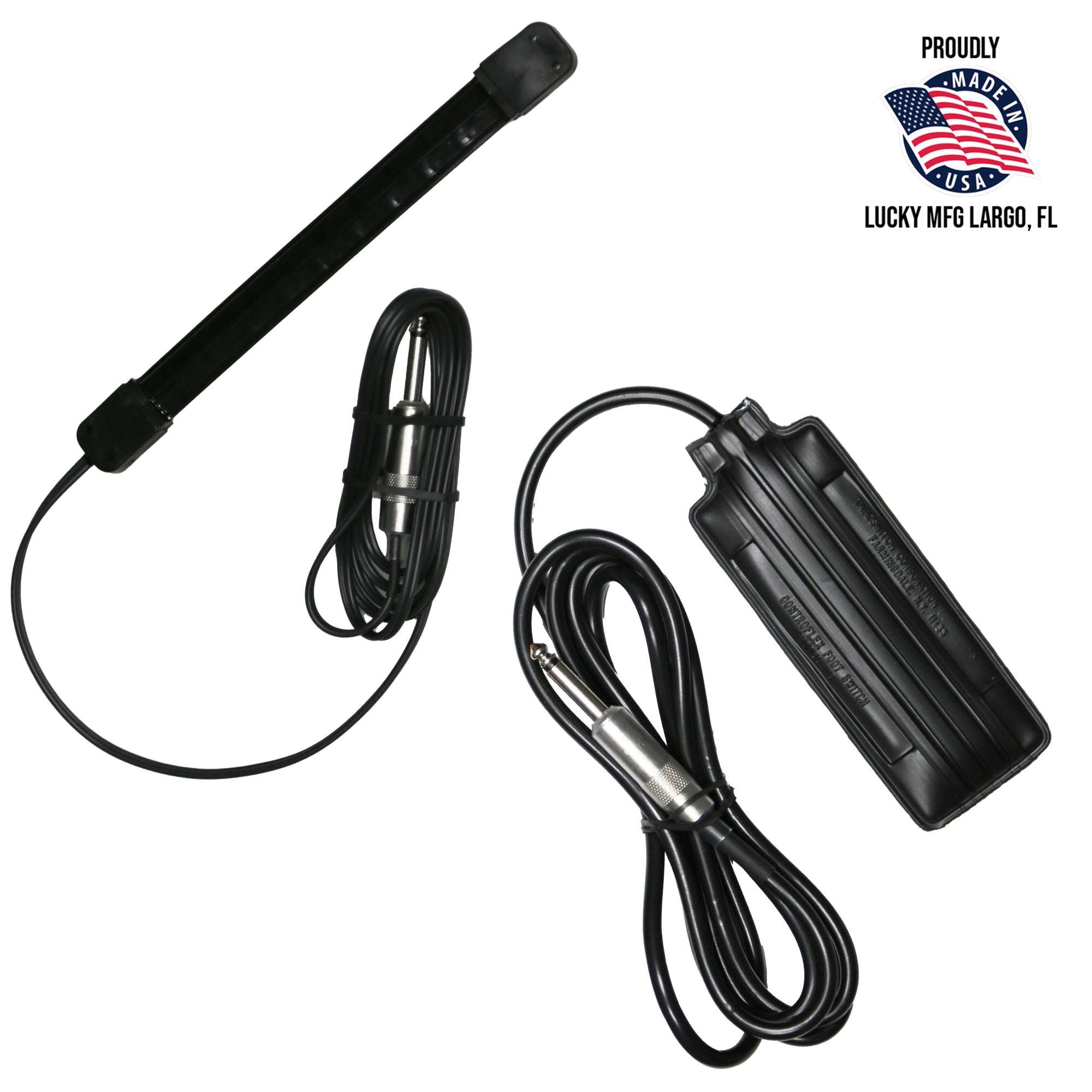 Black antenna and power adapter with 'Proudly Made in USA' label on a white background