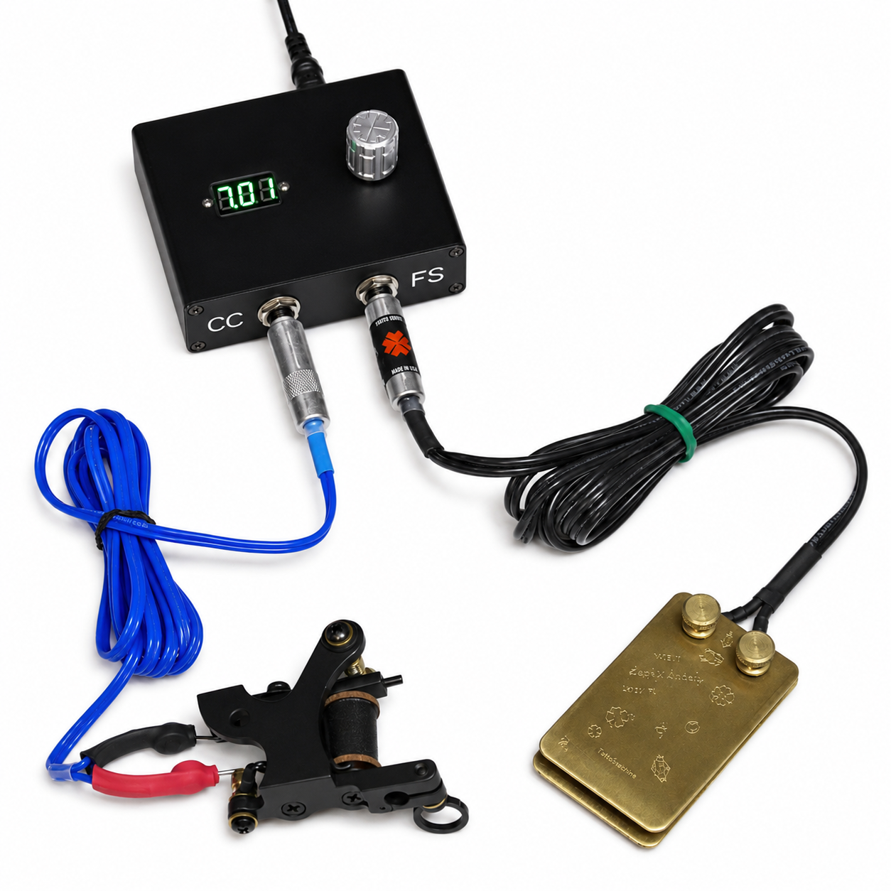 Lucky MFG stamped tattoo foot switch in professional tattoo workstation