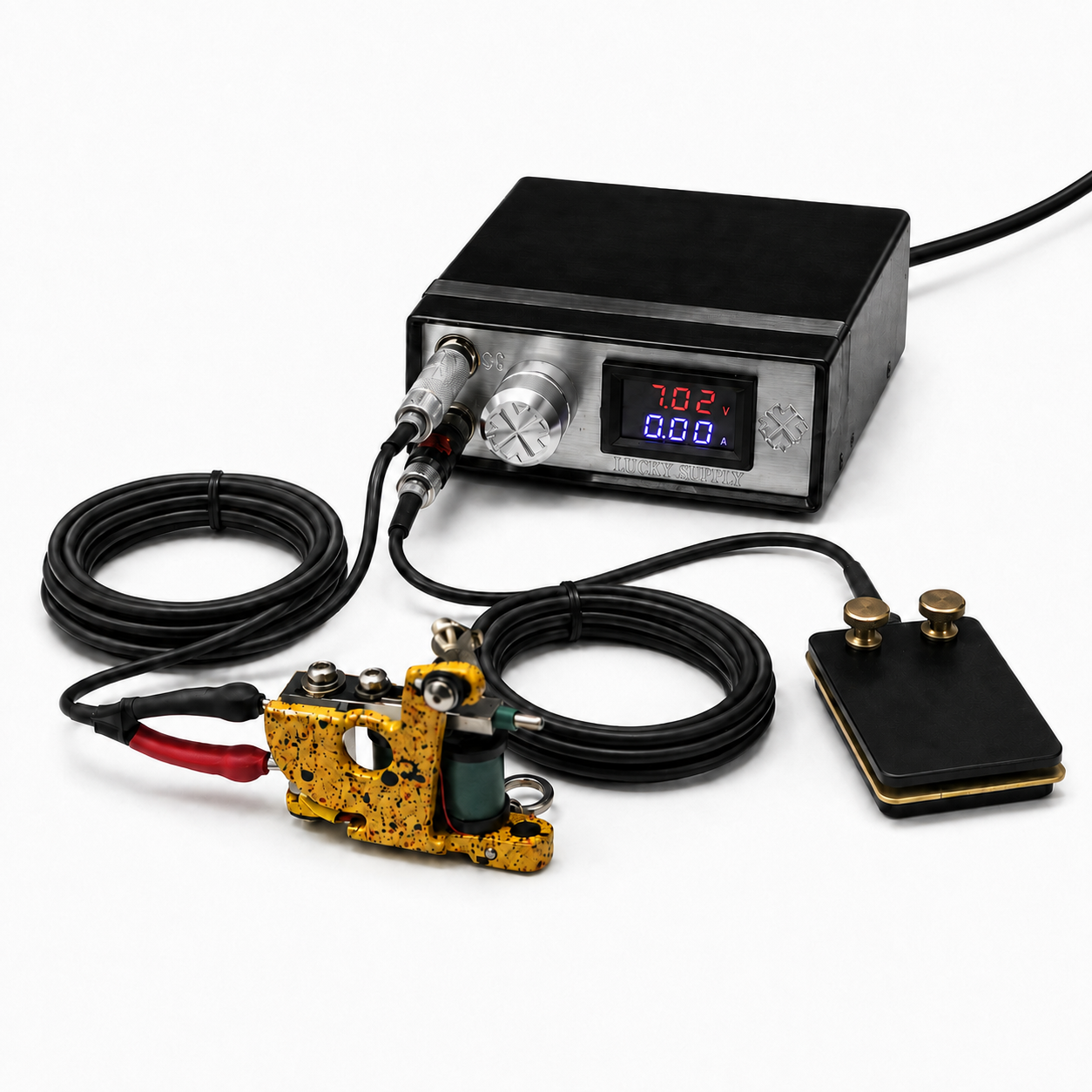 A Lucky Supply DC power supply unit shown from both front and back angles. The unit has a brushed silver metal faceplate with a black plastic frame, featuring a digital LED display showing 14.