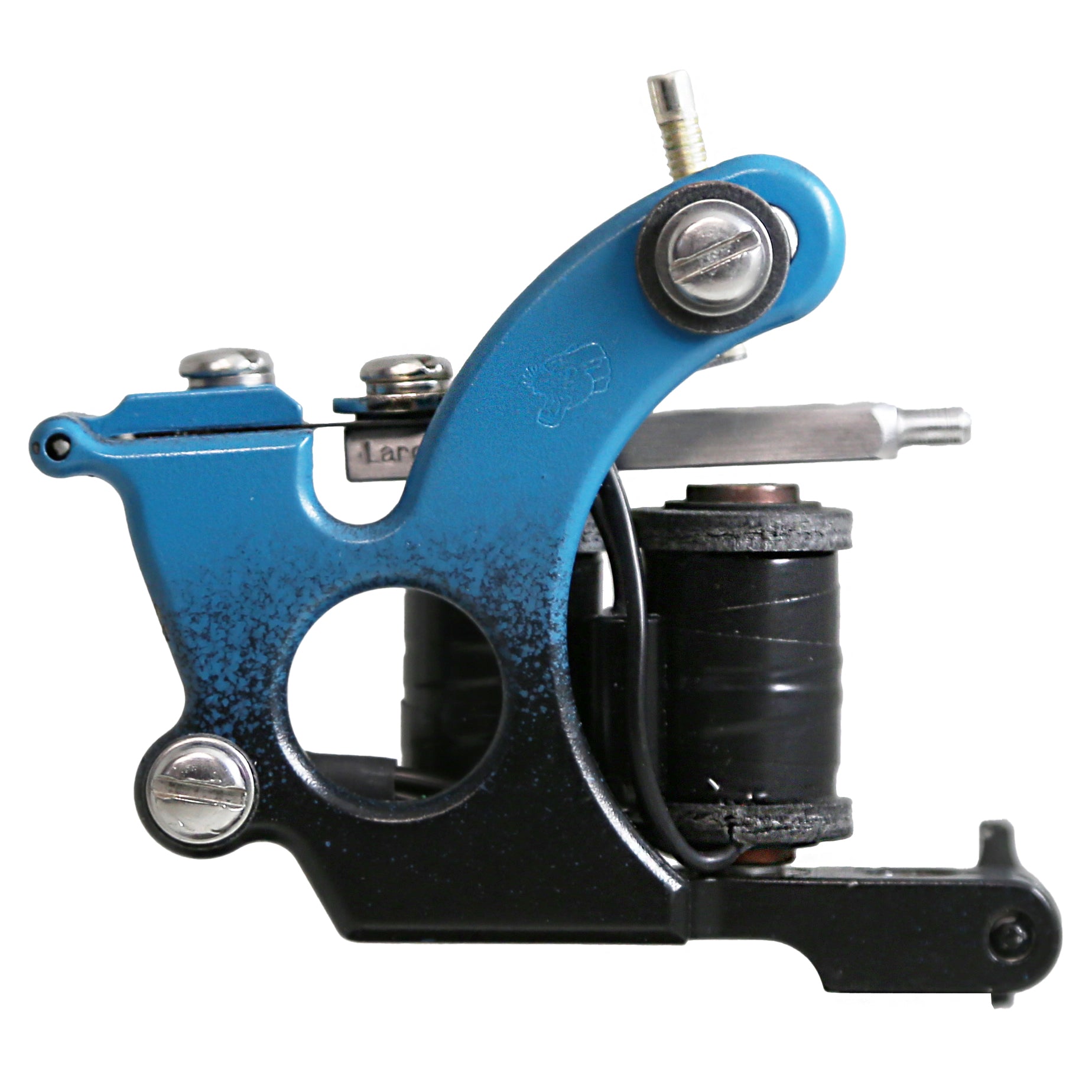 Black and blue fade coil tattoo machine with hinged spring shelf