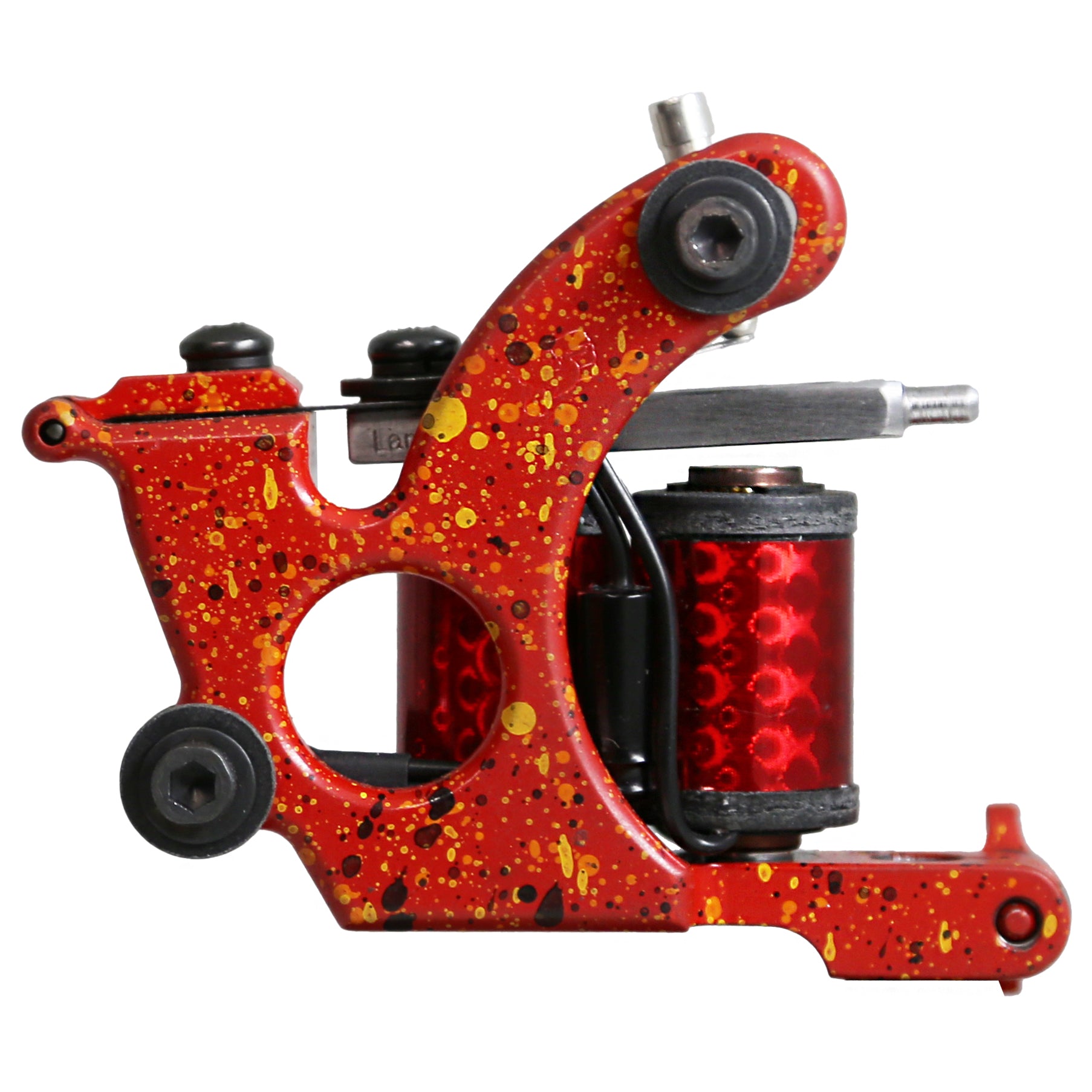 Red splatter coil tattoo machine with hinged spring shelf