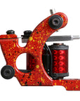 Red splatter coil tattoo machine with hinged spring shelf