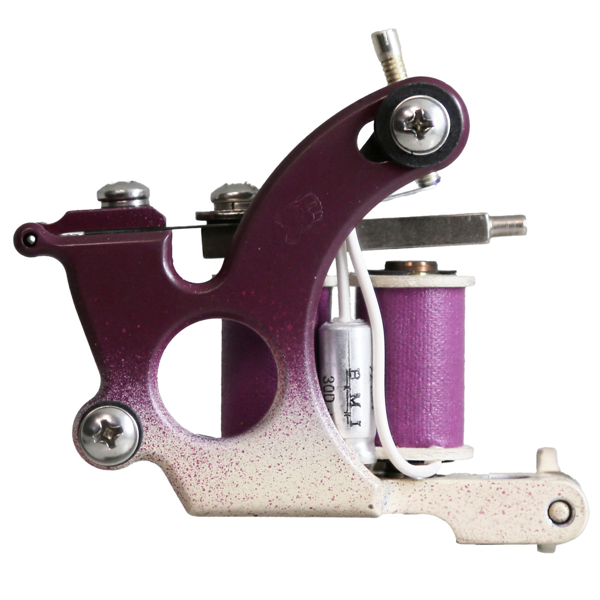 Lucky MFG Universal Hinged coil shader tattoo machine with custom plum and cream finish – frame side