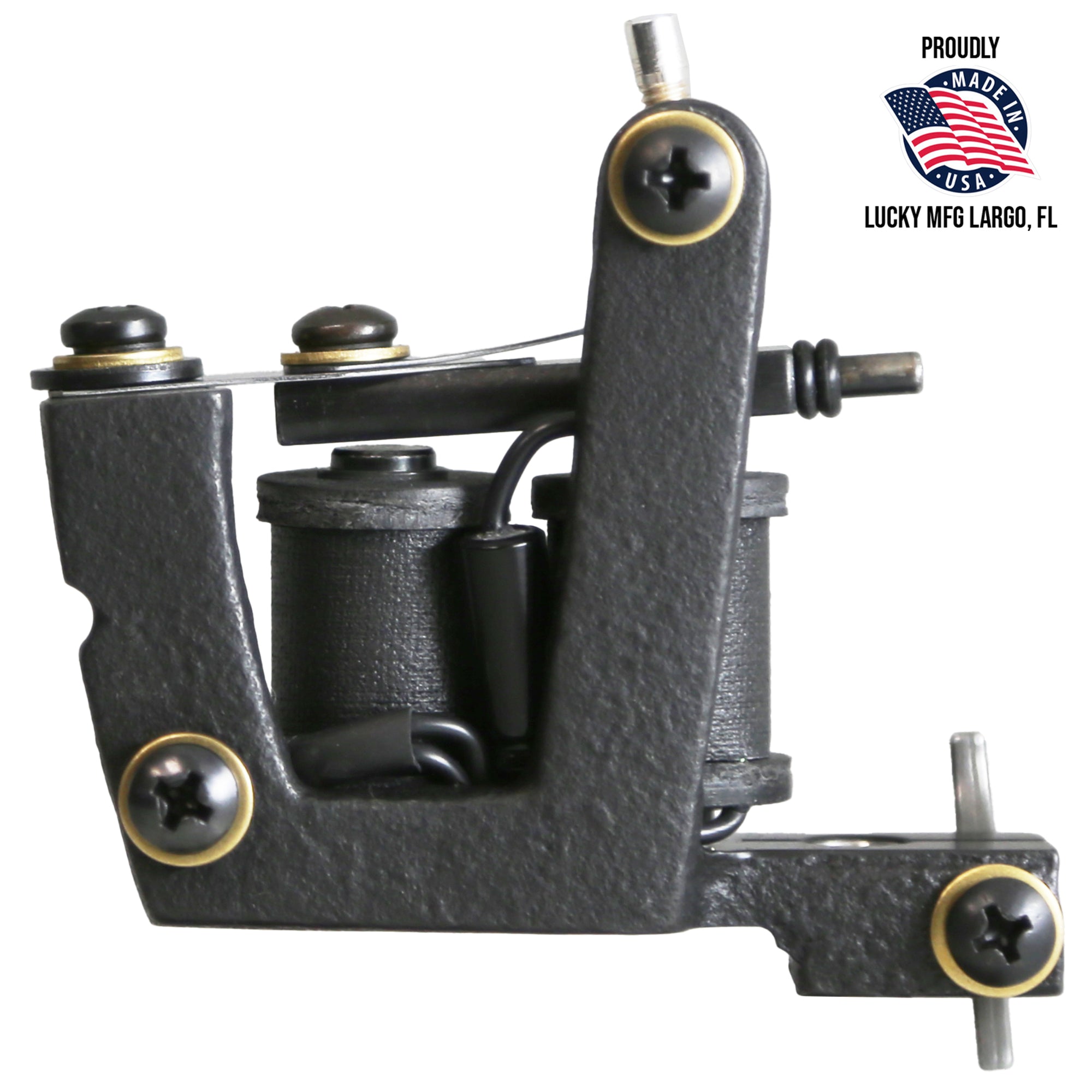A black V Frame Liner Tattoo Machine with visible brand logo and American flag emblem indicating it is made in the USA.