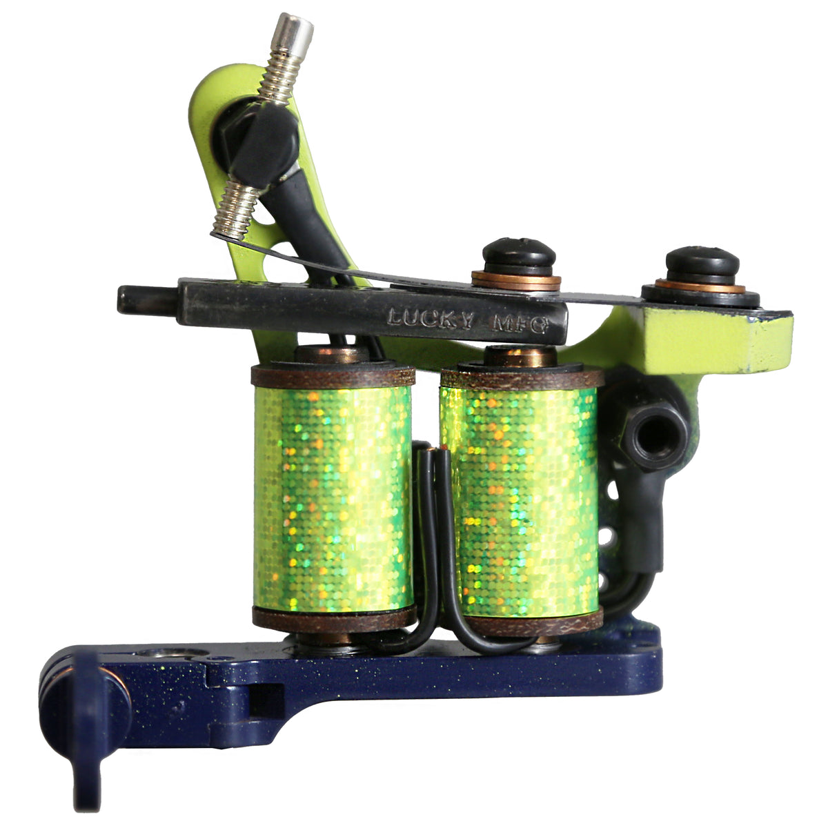 Waters shader coil tattoo machine with reflective green coil wrap, coil-side view