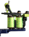 Waters shader coil tattoo machine with reflective green coil wrap, coil-side view