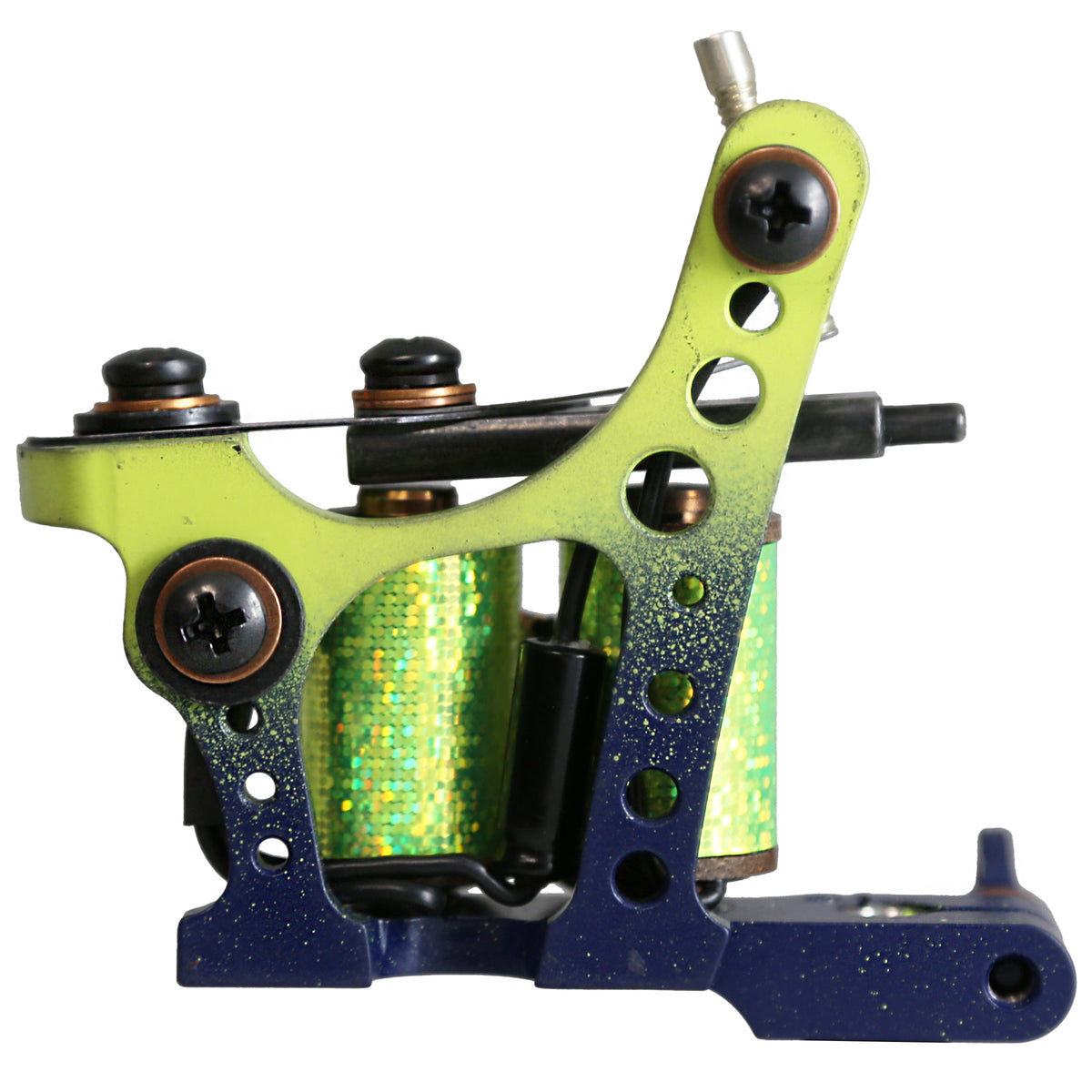 Waters shader coil tattoo machine with lime green and deep blue frame, frame-side view