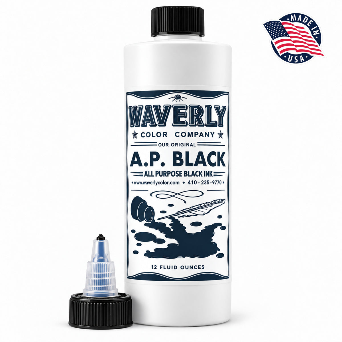 Waverly A.P. Black formerly BlueBird 12 oz tattoo ink bottle with black screw cap