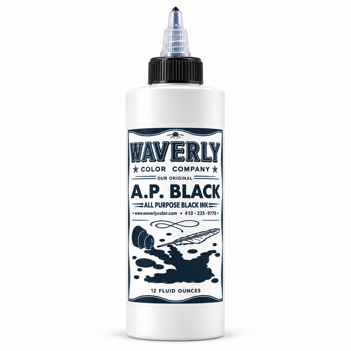 Waverly A.P. Black tattoo ink 12 oz bottle with twist-top dispensing cap