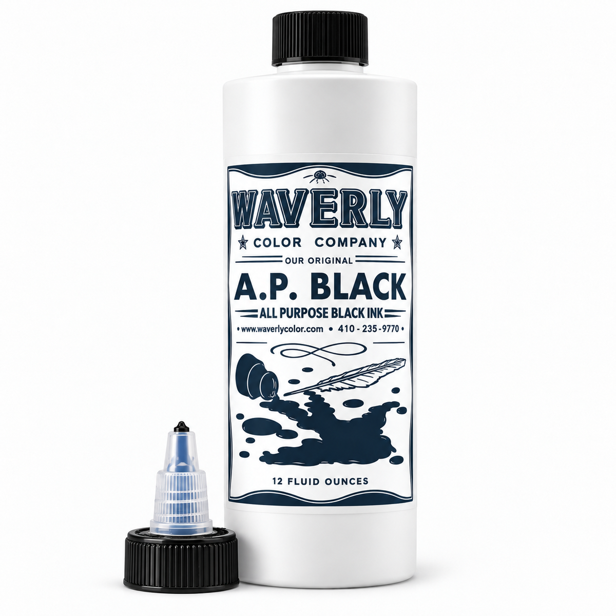 Waverly A.P. Black tattoo pigment bottle with included dispensing cap displayed beside it