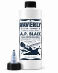 Waverly A.P. Black tattoo pigment bottle with included dispensing cap displayed beside it