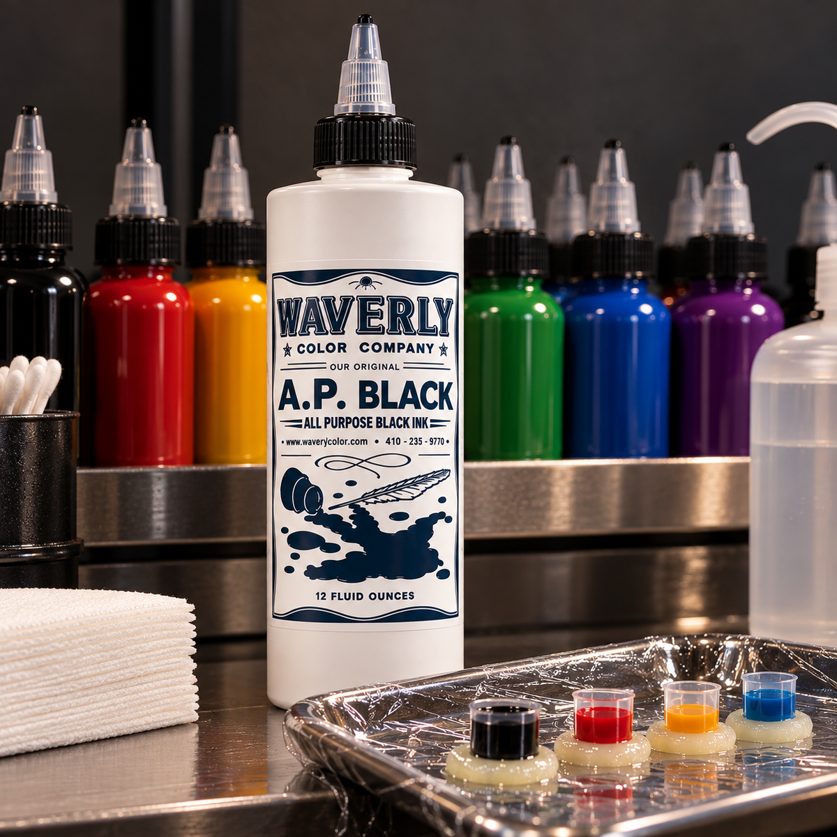Waverly A.P. Black tattoo ink on professional workstation with colored inks and prepared ink caps