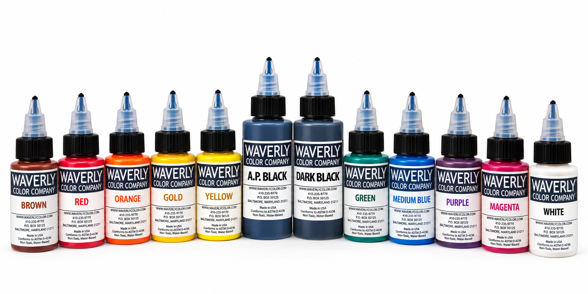 Waverly 12-bottle tattoo ink sample collection with 1 oz colors and 2 oz blacks