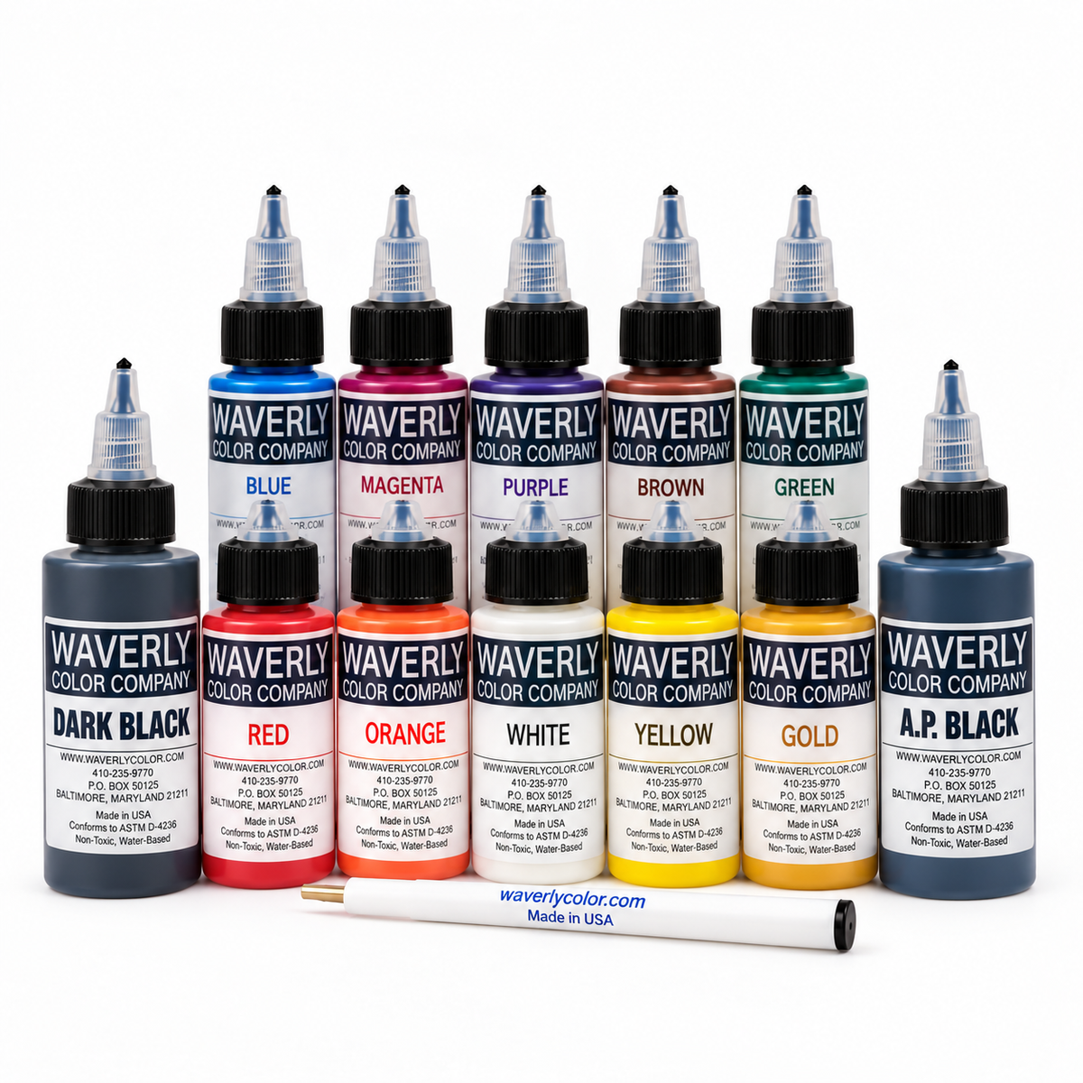 Waverly Color Company tattoo ink bottles in assorted traditional pigment colors