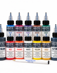 Waverly Color Company tattoo ink bottles in assorted traditional pigment colors
