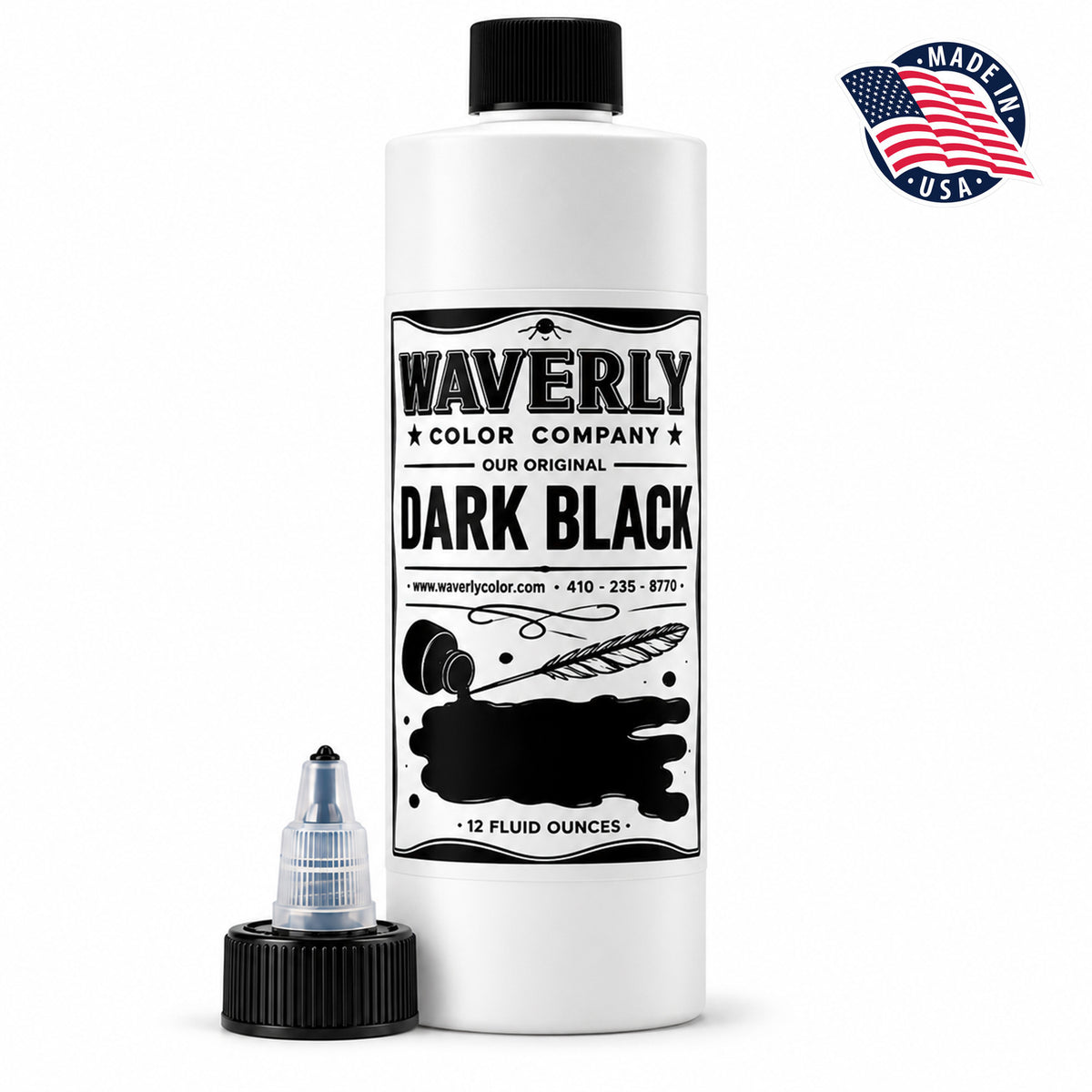 Waverly Dark Black tattoo ink bottle with included twist-top cap displayed beside it
