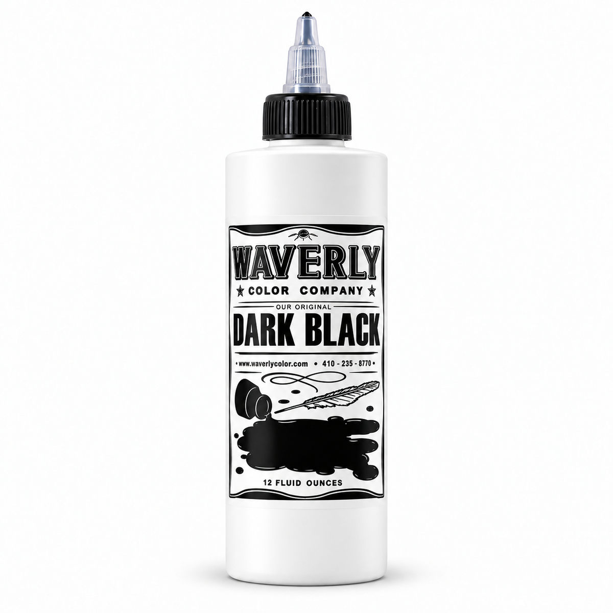 Waverly Dark Black tattoo ink 12 oz bottle with twist-top dispensing cap