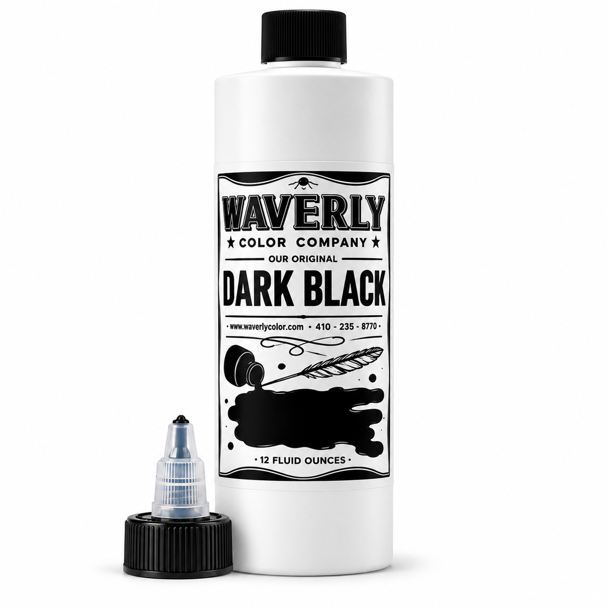 Waverly Dark Black tattoo pigment 12 oz bottle with black screw cap