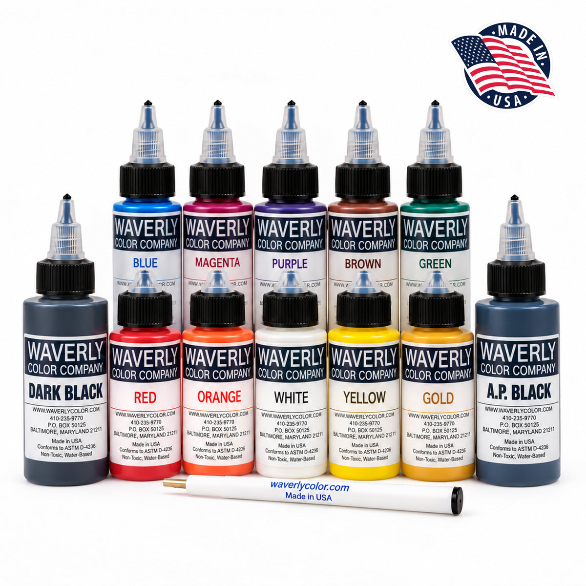 Waverly Tattoo Ink Sample Set with 10 colors and Dark Black and A.P. Black pigments