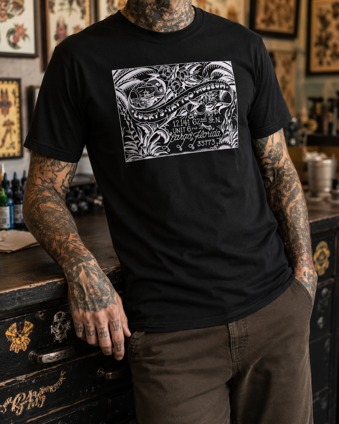 Lucky’s Tattoo Museum postcard shirt black front