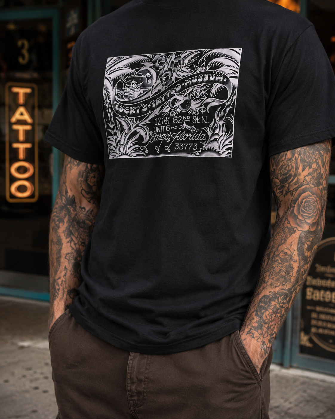 Lucky’s Tattoo Museum postcard shirt black front
