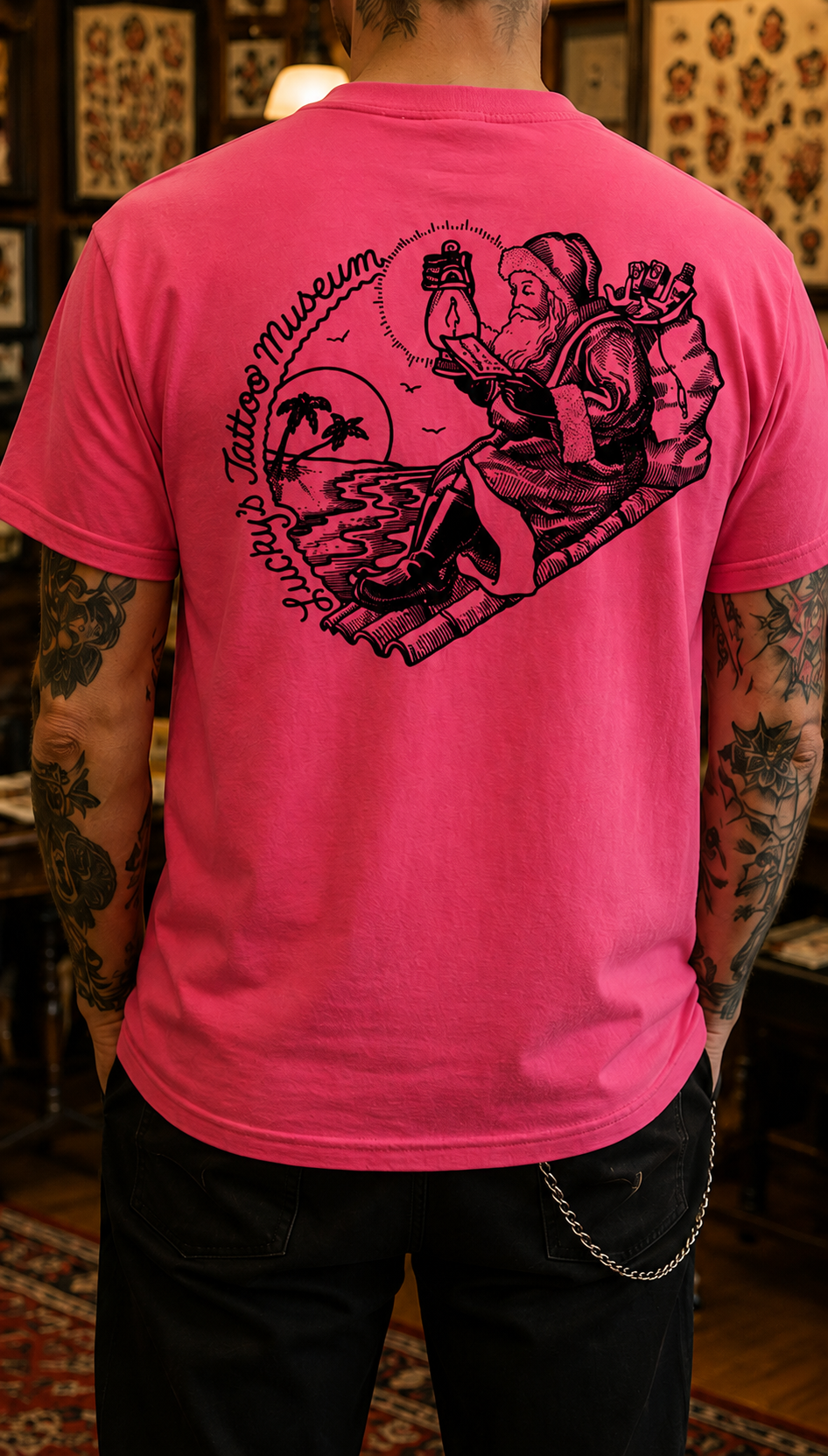 Red t-shirt with black graphic design on a white background