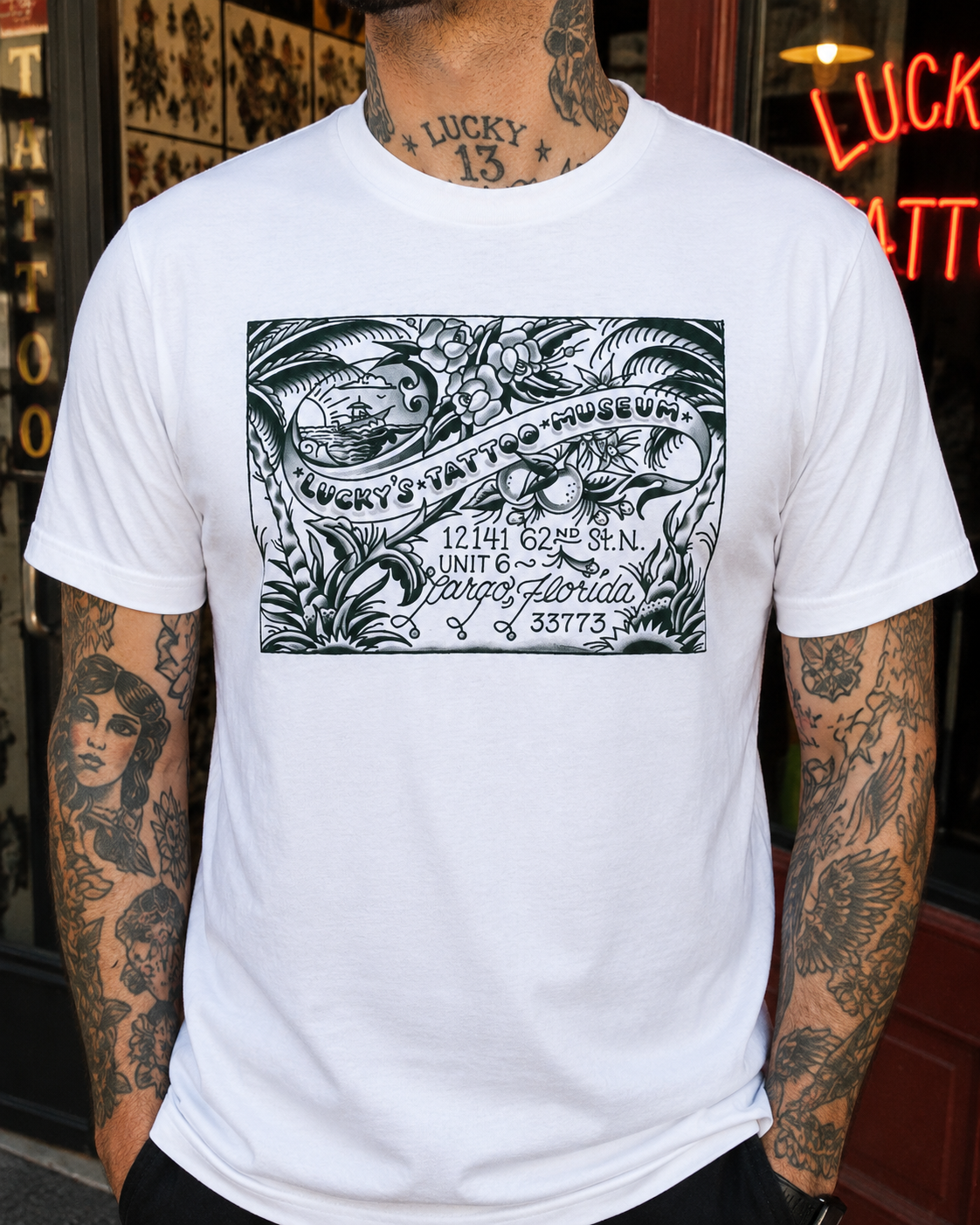 Lucky’s Tattoo Museum postcard shirt white front