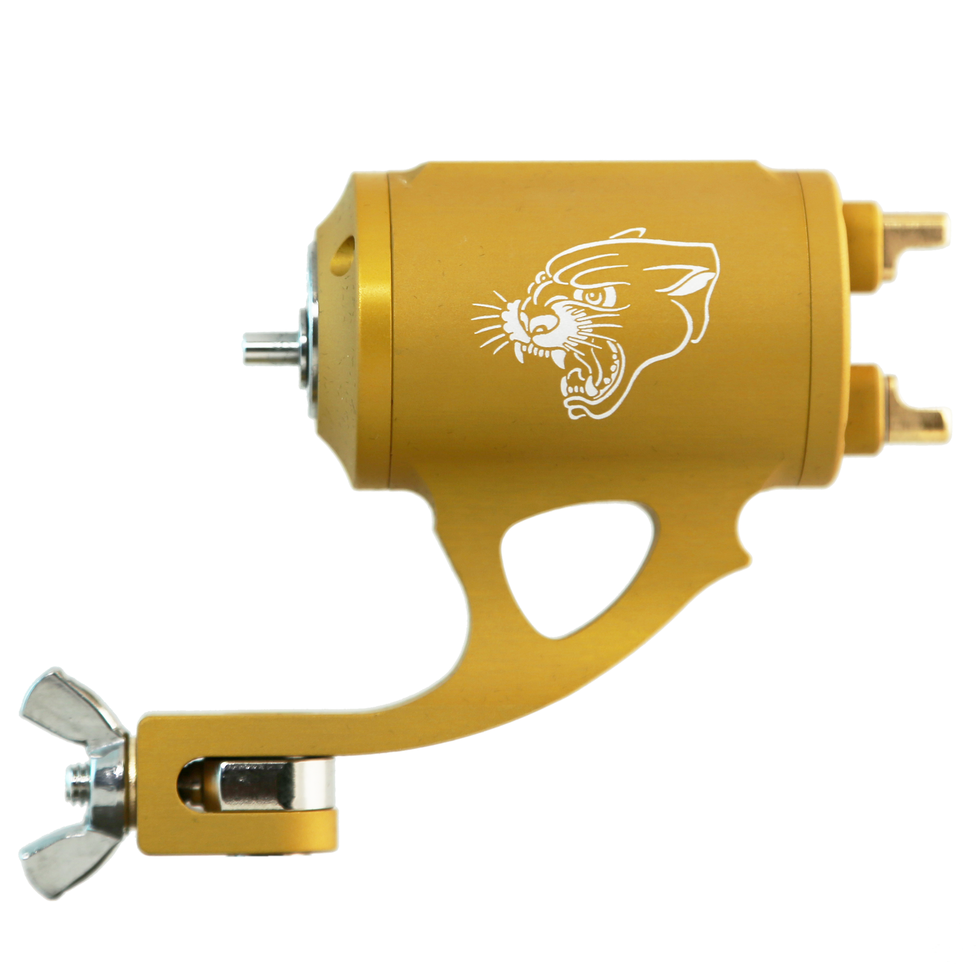 Gold anodized tattoo machine with a Panther logo on the side.