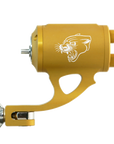 Gold anodized tattoo machine with a Panther logo on the side.