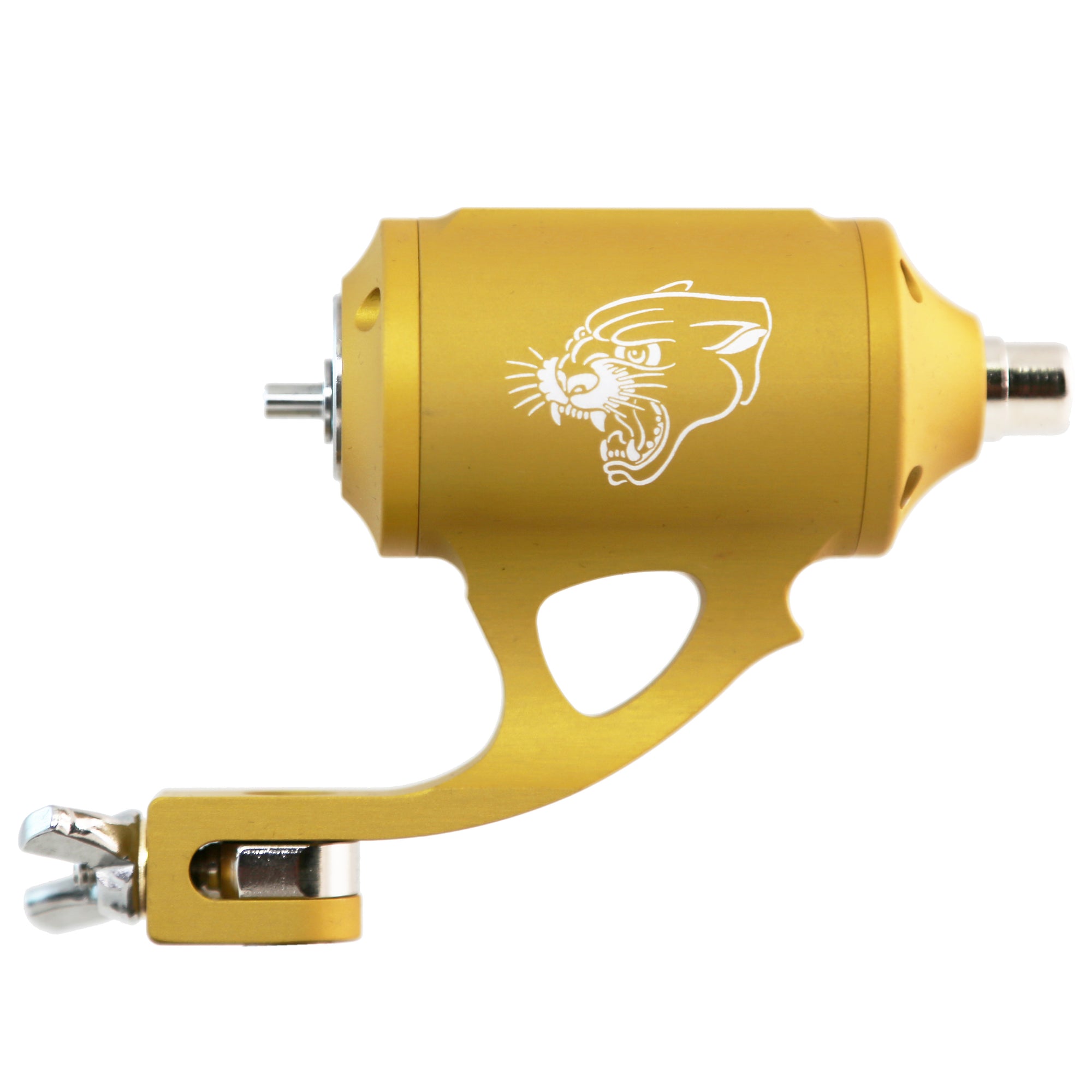 Gold anodized tattoo machine with a Panther design on the side.