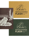 Covers of three books titled 'Rediscovered Flash', featuring design elements such as a bird and text, indicating the contents are related to tattoo flash art.