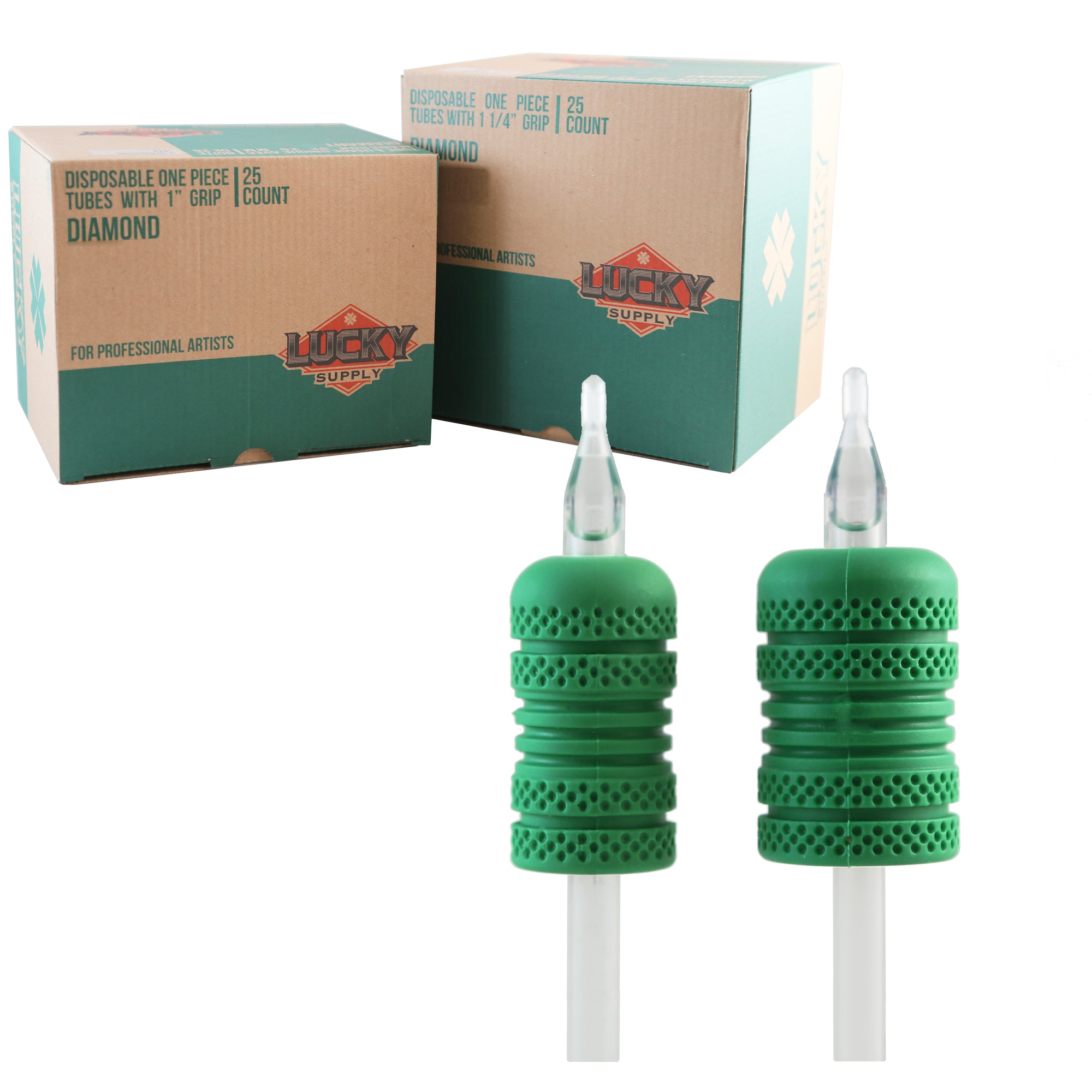 A photo of two disposable tattooing tubes with green grips, alongside their packaging box with branding and product information.